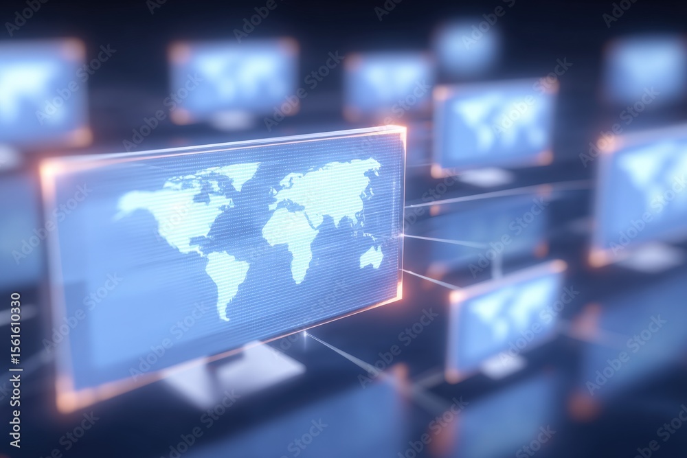 Poster Digital Global Network Concept with World Map and Connected Data Screens.