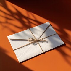 White envelope tied with twine on an orange background
