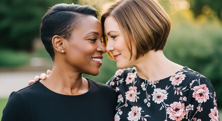 Obraz premium Romantic portrait of a happy lesbian couple embracing, suitable for wedding invitations, LGBTQ+ marketing, pride month events, relationship counseling, family planning services.