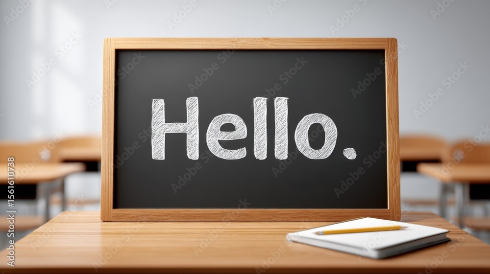 Poster Educational classroom scene with blackboard displaying Hello written in chalk and stationery on desk.