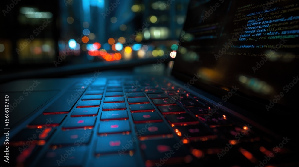 Aufkleber Close Up of a Laptop Keyboard and Screen Displaying Computer Code at Night.