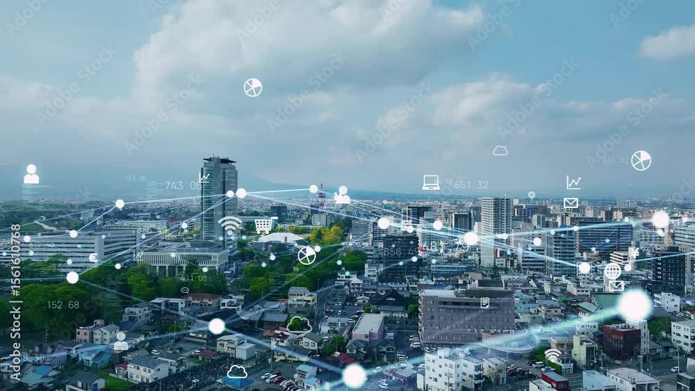 Poster drone aerial view of city and communication network concept