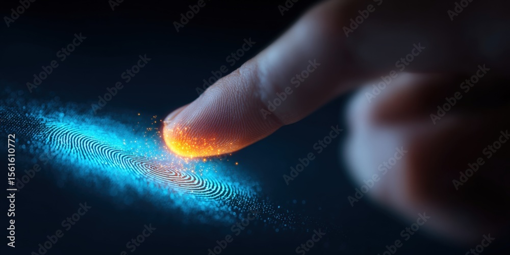 Poster Close-up of a human finger touching a glowing digital fingerprint with futuristic data waves.
