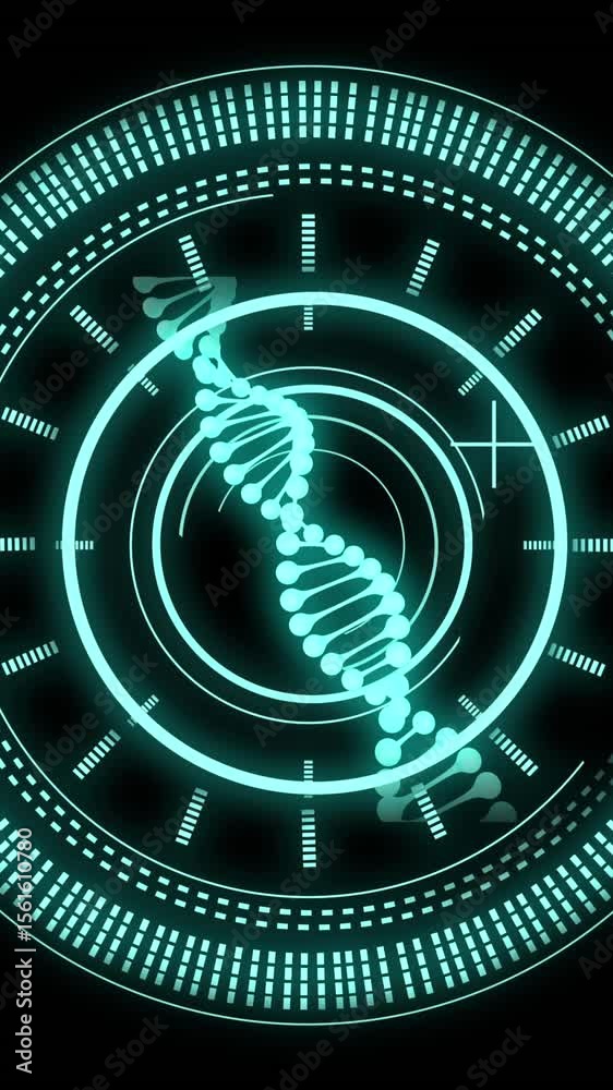 Poster animation of data processing with scope scanning and dna strand on black background