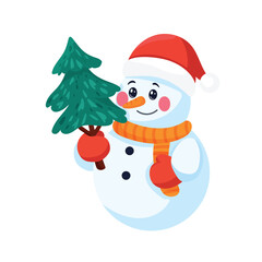Snowman with a Christmas tree. Flat vector clipart, illustration with isolated background.