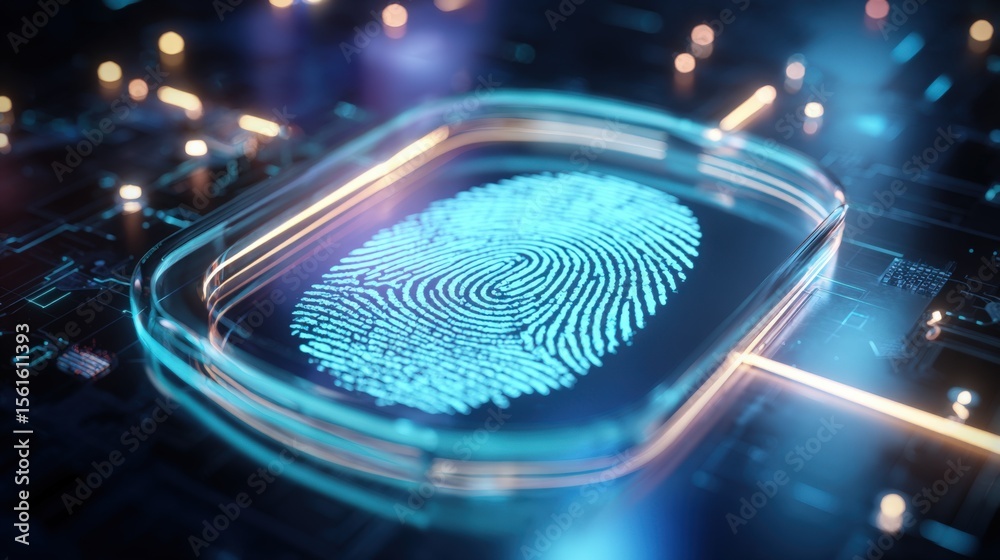 Aufkleber highly detailed digital fingerprint on glowing futuristic biometric scanner with circuit board eleme