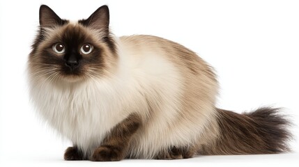 Fluffy Siamese Himalayan cat lying on white background with striking blue eyes.
