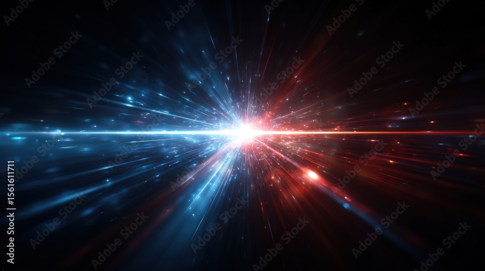 Poster abstract cosmic explosion with vibrant blue and red light rays in space scene.