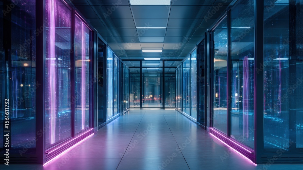 Poster modern data center corridor with illuminated glass server racks and vibrant lighting.