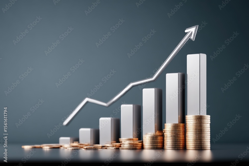 Poster business growth and success concept with ascending bar chart and stack of coins.