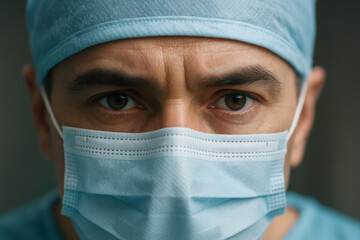 Focused medical professional in blue surgical mask and cap during procedure, displaying determination and concentration in sterile setting