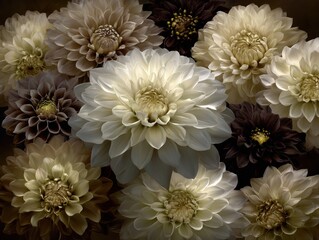 Bouquet of white, cream and brown flowers. Ethereal type of lighting from the top gives the image a otherworldly feel