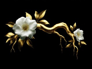 Gold leafy branch sculpture with beautiful white flowers on it, isolated on black