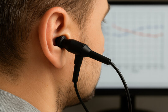 Closeup of person using in ear headphones while monitoring an audio waveform displayed on a computer screen in a workspace