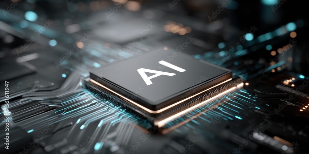 Poster Advanced artificial intelligence microchip with digital circuits and glowing lines.