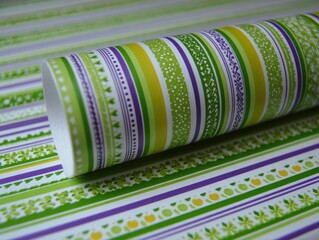 Roll of green and purple striped wrapping paper on a cut piece of the same paper
