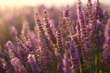 Lavender field blooming at sunset with soft warm light, close up purple flowers in natural countryside garden, romantic floral scene for relaxation and natural beauty concept