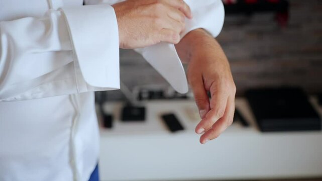 A man adjusts his cufflink, wearing a white shirt in a modern, stylish setting