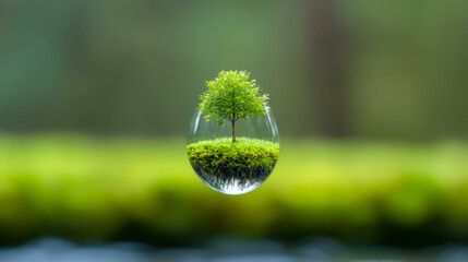 Tiny tree in a droplet of water. A vibrant green tree stands within a droplet of water, showcasing nature's beauty against a blurred background.