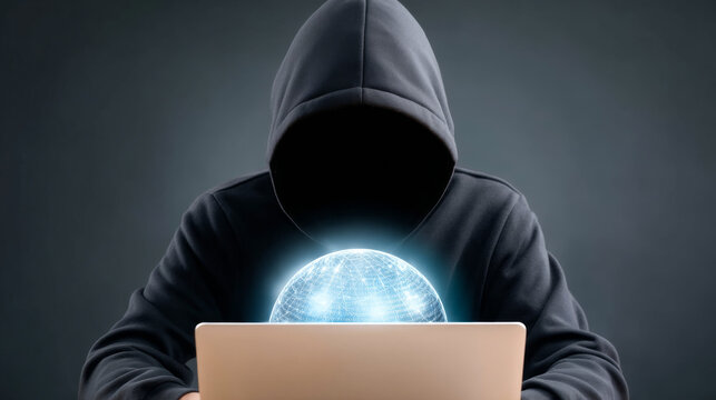 Anonymous hacker threat. A person in a hoodie uses a laptop, illuminated by a glowing globe, signifying the digital world and cyber threats. - Powered by Adobe