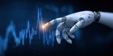 Futuristic robotic hand interacting with digital financial stock market data display.