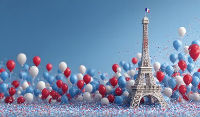 Happy Bastille Day decoration background with eiffel tower balloon confetti copy space text, 3D rendering illustration