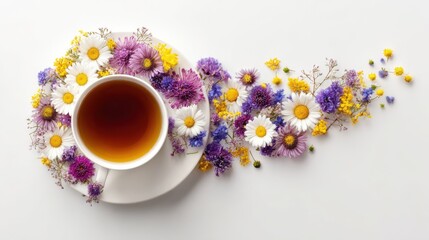 Floral Arrangement Surrounding a Cup of Tea with Daisies and Wildflowers on White Surface.