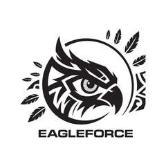 A bold, tribal-style logo centers around an abstract eagle eye, conveying power and precision.