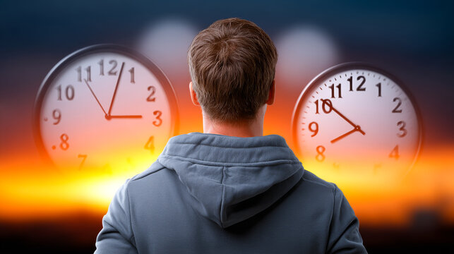 Man ponders time with clocks. A man stands with his back to the viewer, observing two clocks showing different times against a sunset backdrop.