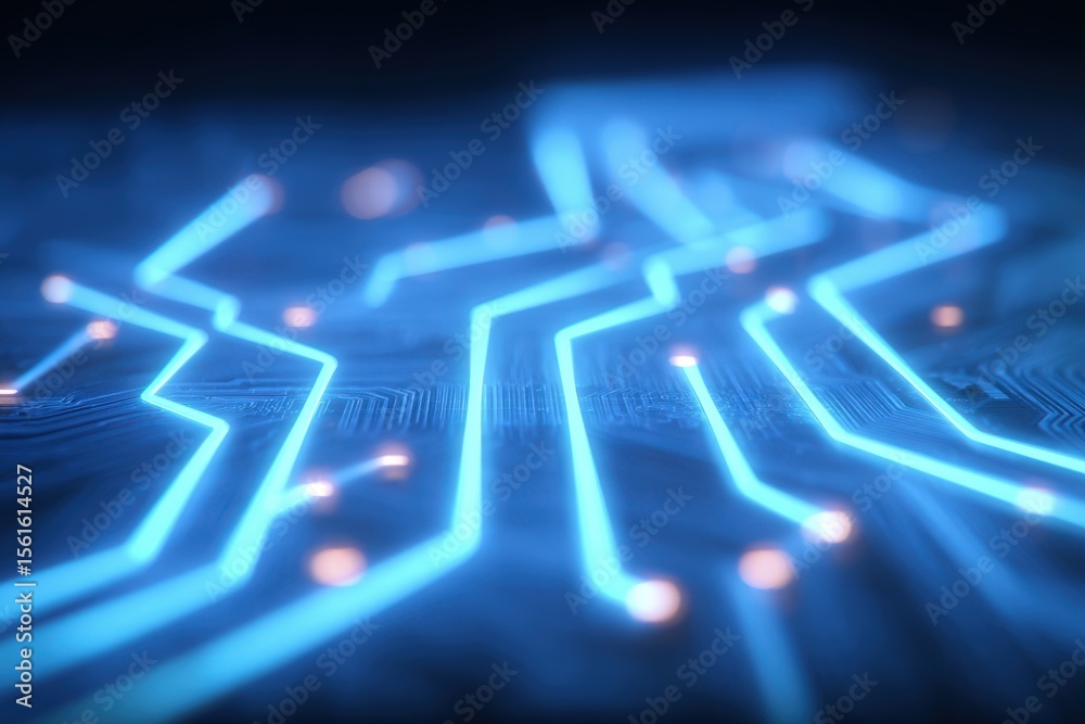 Poster close-up of glowing blue electronic circuit lines on a technological microchip surface.