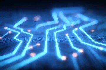 Close-up of glowing blue electronic circuit lines on a technological microchip surface.