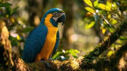 Obraz premium Vibrant Blue and Yellow Macaw Parrot Perched on Tree Branch in Dense Forest Scene.