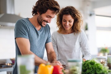 Couple cooking together at home with fresh ingredients from meal kit delivery, smiling in cozy kitchen, Meal Kit