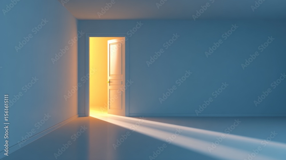 Poster minimalist empty room with open door emitting bright warm sunlight into blue space.