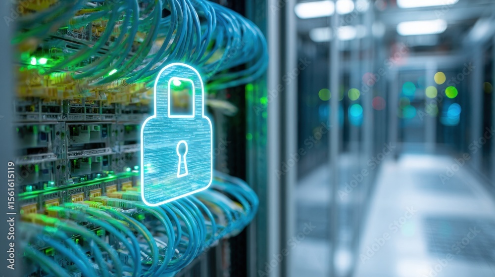 Poster Neon illuminated lock icon over server racks in data center with network cables and security theme.