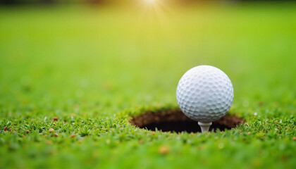 Obraz premium Golf ball near hole on green grass of golf course, representing game's precision. Golf ball awaits final put on manicured green. Golf ball represents skill, focus for sports marketing.