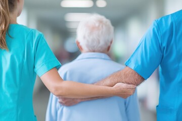 Medical professionals assisting elderly patient with hand on shoulder in hospital corridor.