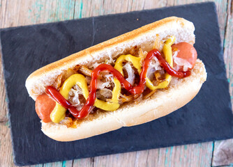 Perrito caliente Hotdog con kepchp, mostaza y chucrut