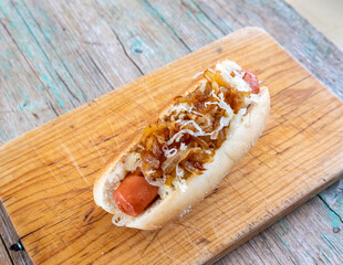 Perrito caliente Hotdog con kepchp, mostaza y chucrut