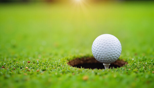 Golf ball near hole on green grass of golf course, representing game's precision. Golf ball awaits final put on manicured green. Golf ball represents skill, focus for sports marketing.