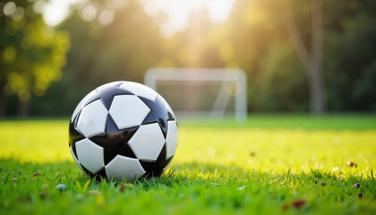 Soccer ball lies on fresh green grass, waiting for kickoff on sunny day. Soccer ball in close up view with blurred background creates dynamic sports scene