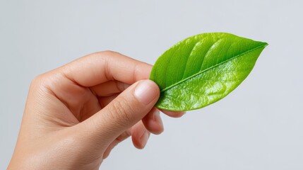 Hand holding fresh green leaf isolated on white background