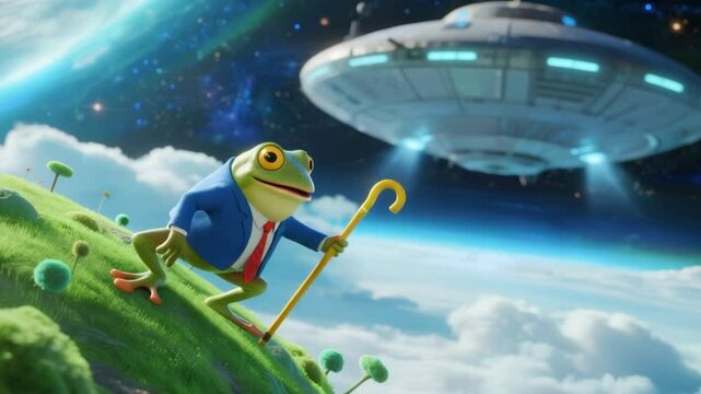 Animated cartoon frog in suit with cane on alien planet with ufo in space 4K Ai HD video.
