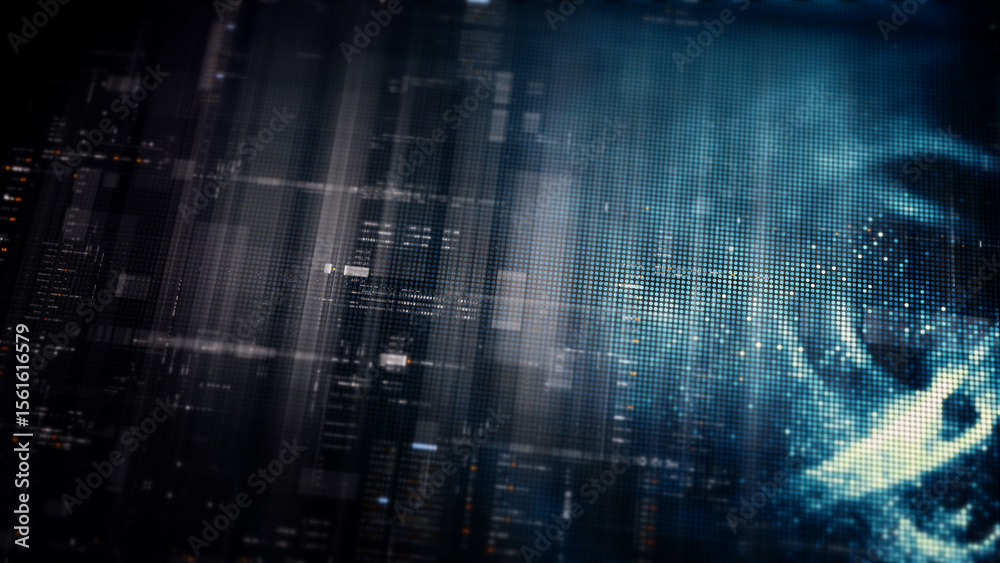 Poster Futuristic digital screen matrix with encrypted data, hi-tech telemetry, and dynamic code patterns. Ideal for desktop displays, sci-fi UI, and cyber tech backgrounds