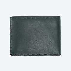 Genuine leather fashionable black wallet for men's isolated on a white background. A professional and stylish look. top view of black leather wallet. banknotes and put card inside the wallet