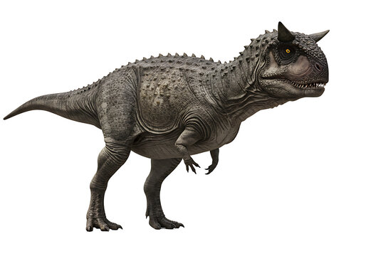 Grey dinosaur with horns textured skin sharp teeth and yellow eyes on a black background