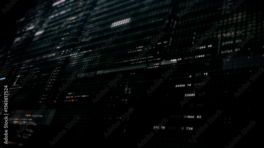 Poster Futuristic digital screen matrix with encrypted data, hi-tech telemetry, and dynamic code patterns. Ideal for desktop displays, sci-fi UI, and cyber tech backgrounds