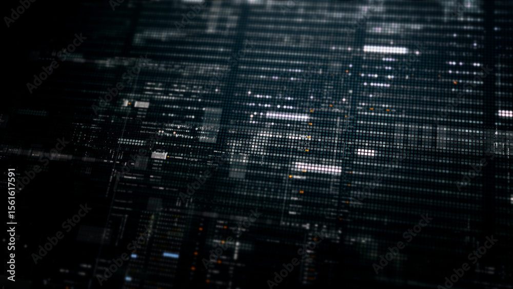 Poster Futuristic digital screen matrix with encrypted data, hi-tech telemetry, and dynamic code patterns. Ideal for desktop displays, sci-fi UI, and cyber tech backgrounds