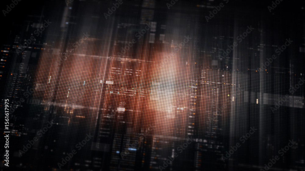 Poster Futuristic digital screen matrix with encrypted data, hi-tech telemetry, and dynamic code patterns. Ideal for desktop displays, sci-fi UI, and cyber tech backgrounds