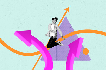 Collage of successful person near large rising arrow or stats symbolizing financial growth business...